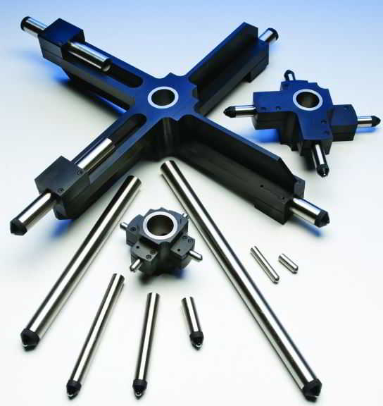 A-514 self-centering target bore adapters are used for propeller shaft alignment.
