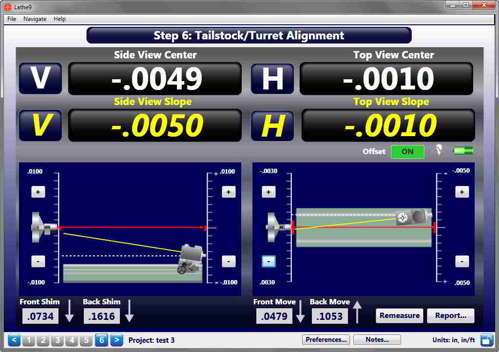 Lathe9 software displays the measured misalignment, which can be corrected in real-time.